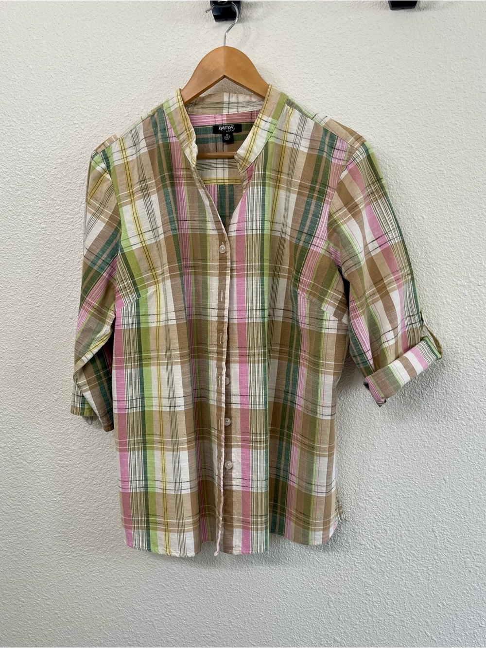 krazy kat Green Pink Tan Plaid Button-Down Shirt